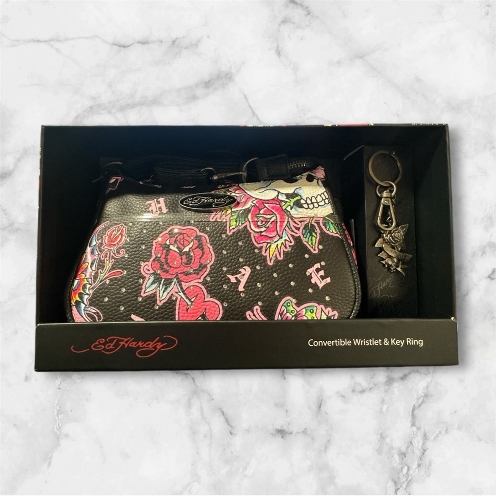 Ed Hardy Black and Pink Wristlet with Key Ring